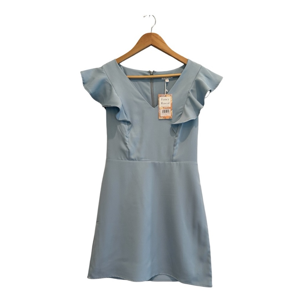 TCEC Light Blue Mini Dress Ruffle Accent Size M Short Sleeves V Neck